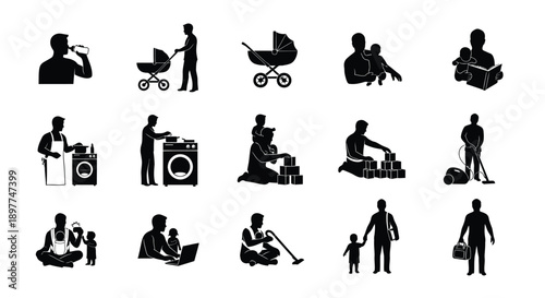 Black silhouettes of people doing daily activities household chores and parenting tasks on white background