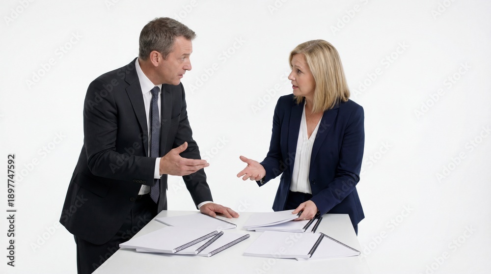 Fototapeta premium Two business people arguing over reports at a table
