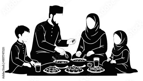 Muslim family sharing traditional meal together