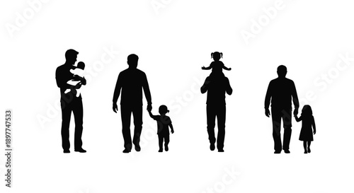 Silhouettes of parents and children walking together in a line on white background family unity and love concept