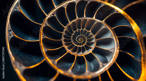 Cross section of black nautilus shell with gold lines, golden ratio fibonacci spiral concept with copy space