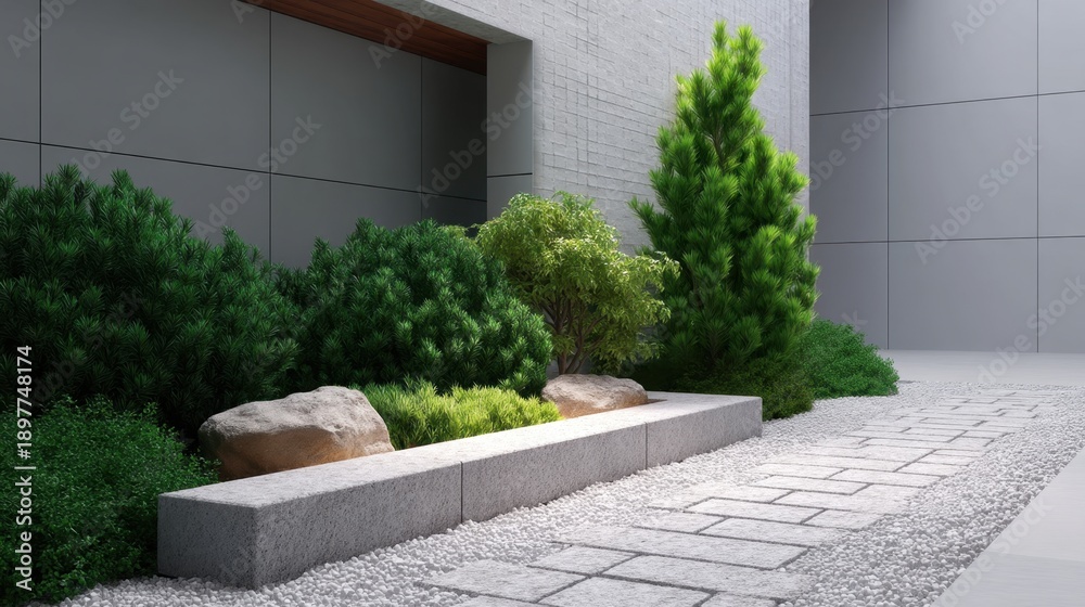 Obraz premium Serene Modern Garden Landscape with Lush Green Foliage, Natural Stones, and Sleek Pathway for Outdoor Design Inspiration and Tranquil Ambiance