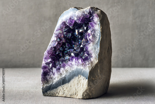 Large purple amethyst crystal geode on a neutral background