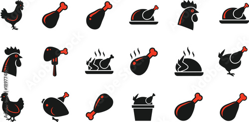 Chicken food icon set with roasted chicken, drumsticks, poultry silhouettes, cooking meat symbols, minimal flat vector illustration
