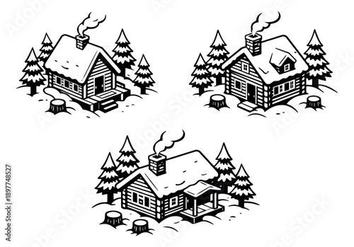 Hand drawn line art log cabin set featuring rustic winter houses with pine trees and smoke for a cozy season