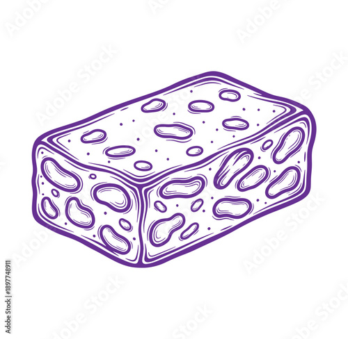 Drawing of a purple cheese block with holes on white background  illustration
