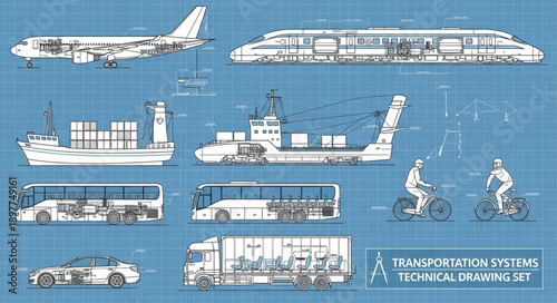 Transportation Systems Technical Drawing Set Blueprint Style.
