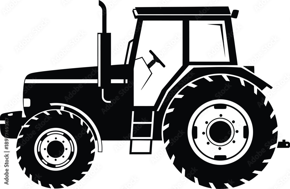 Obraz premium Monochrome vector illustration of a modern farm tractor in a side profile view with large wheels.