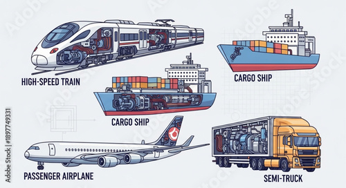 Various modes of transportation and logistics illustration.