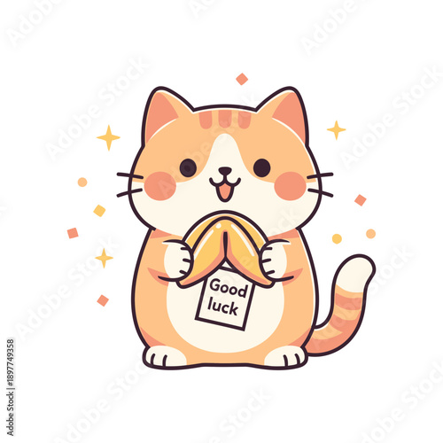 Cute cartoon cat holding a good luck charm.