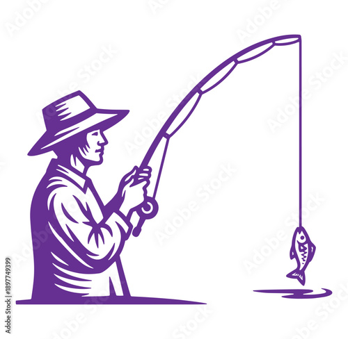 Man fishing with a rod and a caught fish on the line in purple silhouette