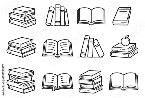 Hand drawn line art book icon set featuring stacks of books, open books, and an apple for education and learning concepts