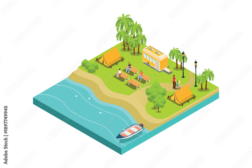 Fototapeta premium Isometric Illustration camping holidays composition with camper tent campfire cooking campingsite near river boats vector illustration 
