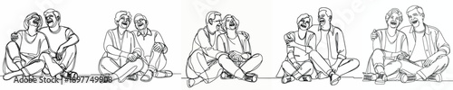 line art old couple sitting together on floor laugh happily
