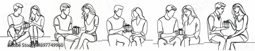 line art of a couple sitting giving gifts on Valentine's Day