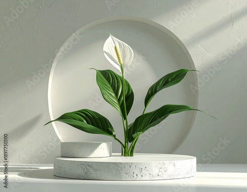 A single white bloom, surrounded by vibrant green leaves, stands atop a concrete pedestal against a circular backdrop