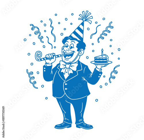 man in suit and party hat holding cake and blowing horn surrounded by confetti