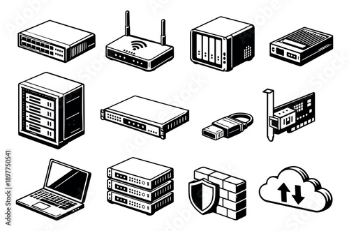 Isometric line art network and data set featuring IT hardware, storage, and security concepts for computing infrastructure