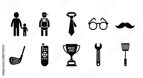 Father's day icons set including best dad trophy and tools on white background for festive celebration