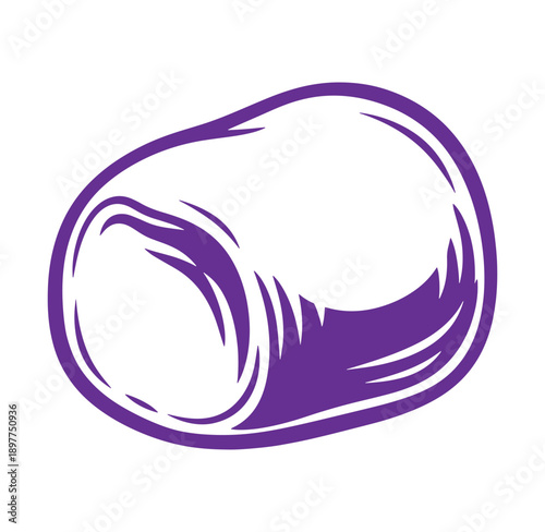 Purple illustration of a rolled up sleeping bag or blanket with abstract lines