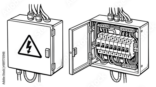 Hand drawn line art electrical panel set featuring a closed box with a warning symbol and an open box with circuit breakers