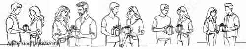 line art half body of a couple giving gifts on Valentine's Day