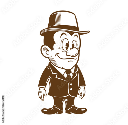 smiling cartoon man in suit and hat standing alone
