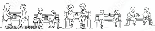 line art of 2 children sitting on park bench giving gifts on Valentine's Day
