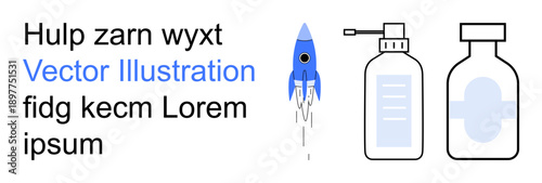 Science, innovation, technology, medication, healthcare, progress. Blue rocket launching beside medical bottles and text elements. Science and innovation concepts