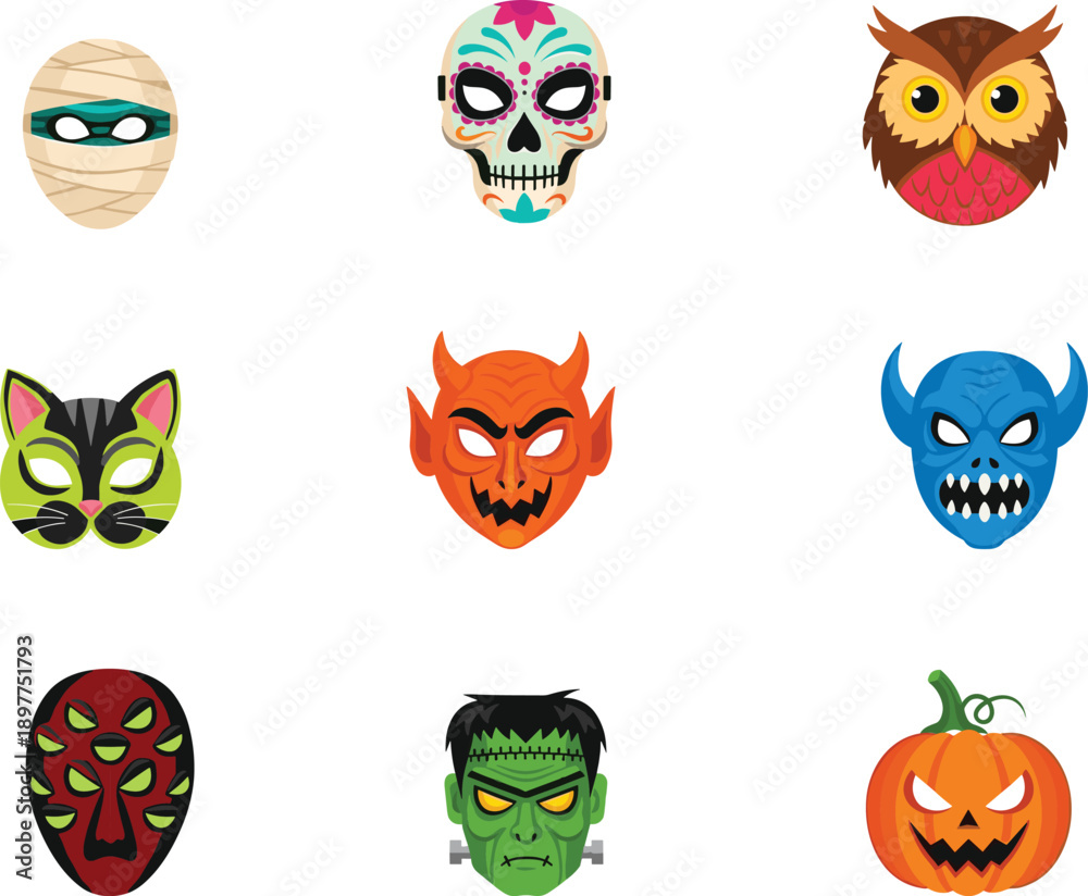 Fototapeta premium Halloween mask icons set with mummy, sugar skull, owl, cat, devil, monster, pumpkin, spooky cartoon vector faces