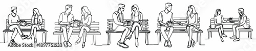 line art of a couple sitting on park bench giving gifts on Valentine's Day