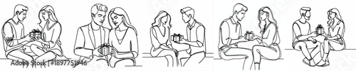 line art of a couple sitting giving gifts on Valentine's Day