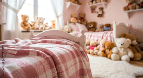 Child's bedroom with teddy bears and pink bedding