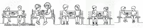 line art of 2 children sitting on park bench giving gifts on Valentine's Day