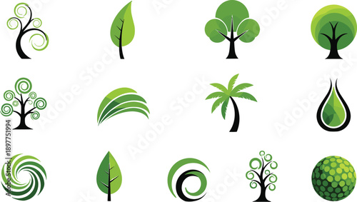 Stylized nature icons, abstract tree and leaf symbols, eco-friendly green designs, environmental illustrations, organic motifs for branding and decor