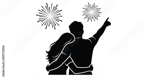 Couple embracing and watching fireworks display at night silhouette