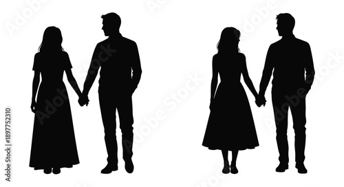 Two couples holding hands depicted as a striking black silhouette