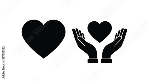 Two hearts and cupped hands depicted in a dark silhouette