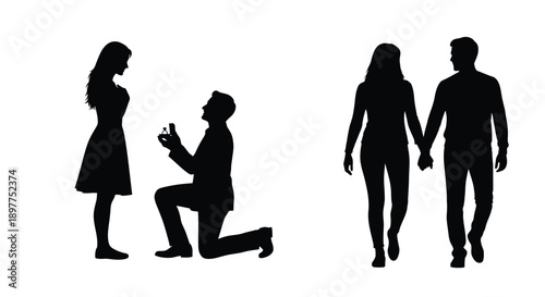 A romantic proposal and couple walking depicted in black silhouette