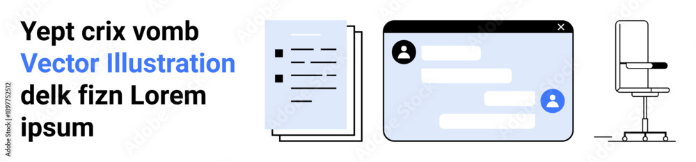 Fototapeta premium Digital collaboration, online messaging, document sharing, remote work, professional communication, user interface design. A chat box, documents and office chair icons. Digital collaboration