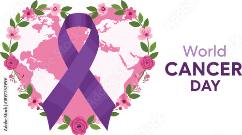 World Cancer Day awareness graphic with purple ribbon floral heart and people silhouettes plus Celebrating Black History Month African woman and traditional Chinese mask.