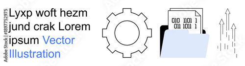 Data management, system optimization, digital storage, technology, online processing, and coding. Gear, file folder binary code and upward arrows . Data management and system optimization