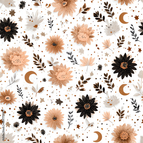 creamy-peach and brown boho floral pattern with moon, stars, leaves, and daisies on a white background.