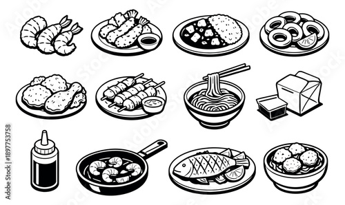 Line art food icons set featuring various restaurant and takeaway meals for culinary branding