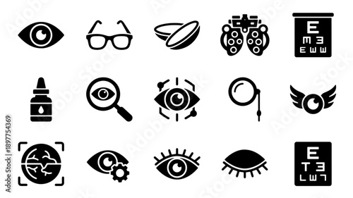 Collection of eye care and vision test icons and symbols.