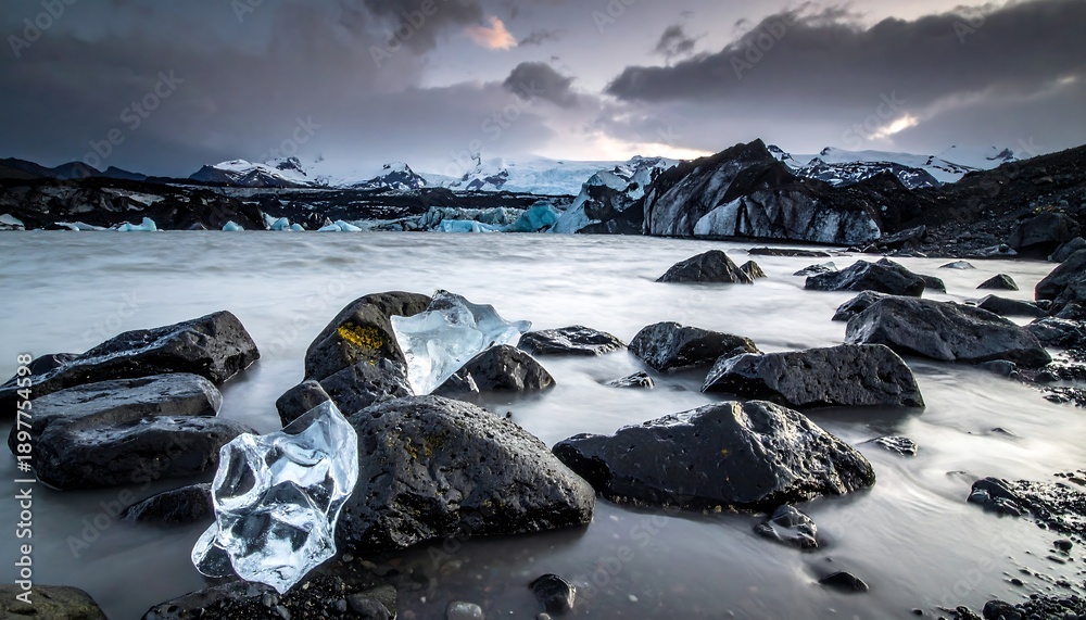 Obraz premium A serene landscape features an icy lake dotted with rock formations and glacial mountains under a dramatic, cloudy sky