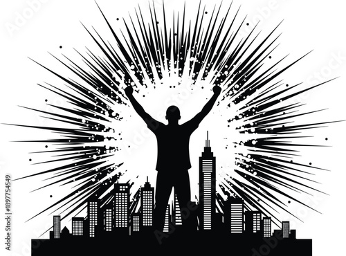 Silhouette of a triumphant man with raised arms standing before a city skyline with a powerful black and white explosive sunburst graphic background.