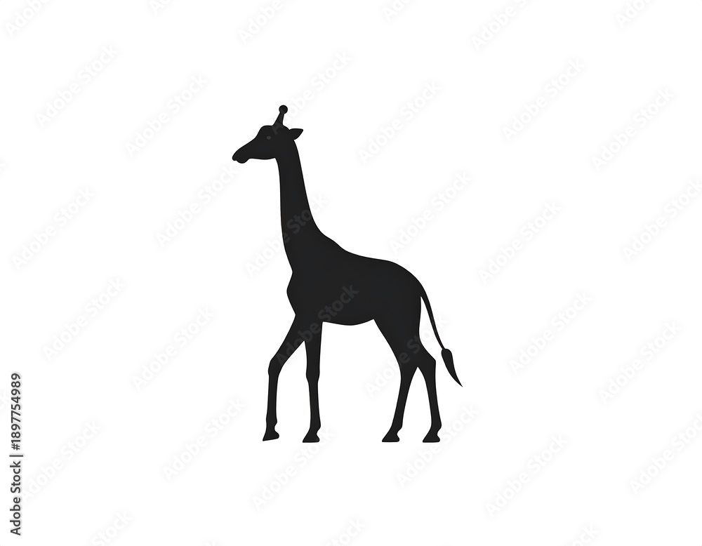 Fototapeta premium A silhouette of a giraffe, depicted in black against a bright white background. It's standing, showcasing its long neck and distinctive shape
