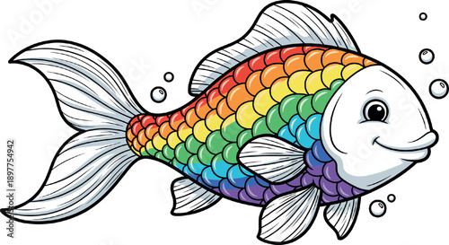 Cute smiling rainbow fish cartoon vector illustration representing colorful aquatic life, kids design and underwater fantasy concept