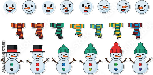 Cute snowman character and winter accessory vector set with faces, scarves and hats for Christmas and holiday designs